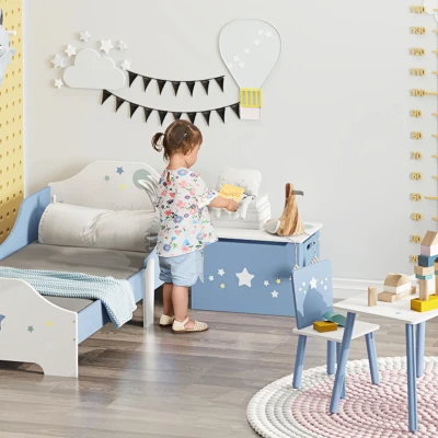 HOMCOM Spielzeugtruhe Spielzeugkiste aus Holz in Blau und Weiß, Kinderbank für Kinderzimmer 55 x 34 x 35,5 cm