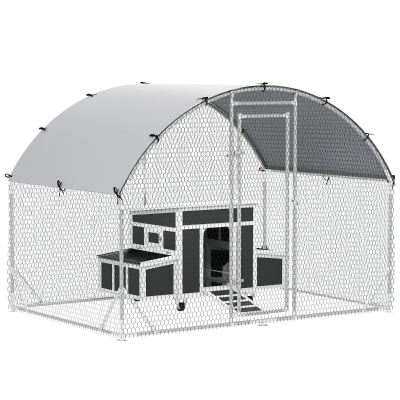 PawHut Conjunto de 1 Galinheiro de Madeira 147x93,5x89,5 cm e 1 Galinheiro grande em Aço Galvanizado 280x190x197 cm Cinza