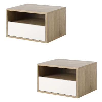 HOMCOM Set 2 Schwebende Nachttische mit Schublade und Regal 45x35x27,5cm - Weiß und Holzfarbe