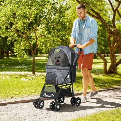 PawHut Cochecito para Perros Pequeños Plegable con Cesta de Almacenaje Capota Ajustable y 2 Ruedas Universales 81x48x99 cm Gris