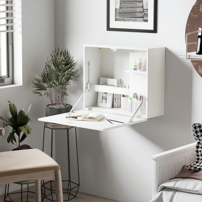 HOMCOM Wandklapptisch Zusammenklappbar und Platzsparend mit Regalen, für Zuhause und Büro, aus Spanplatte und MDF, 60x21.5x50 cm, Weiß