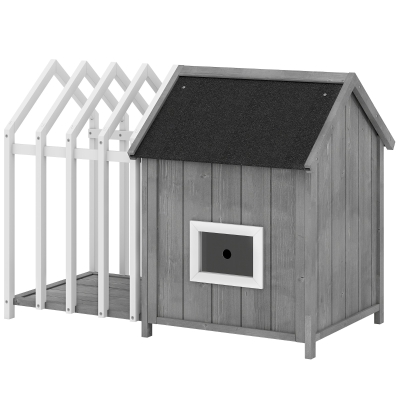 PawHut Hundehütte für den Außenbereich aus Holz, Hundehaus mit Terrasse, Lamellentür, 106 x 62,5 x 80,5 cm, Grau