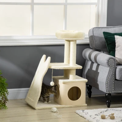 PawHut Kratzbaum für Katzen mit Kratzmatte und Sisalkratzpfosten, Abnehmbarem Häuschen und Liegefläche, 60x30x83cm, Beige