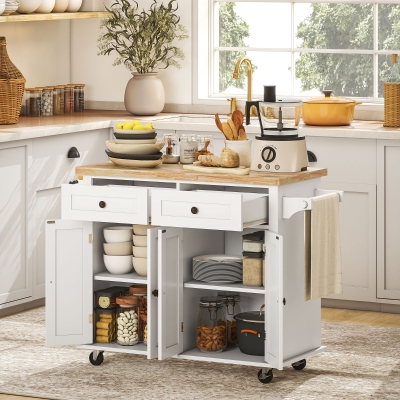 HOMCOM Isla de Cocina con Ruedas Mueble Auxiliar de Cocina con Especiero y Barra Lateral 111x44,5x82,5 cm Blanco
