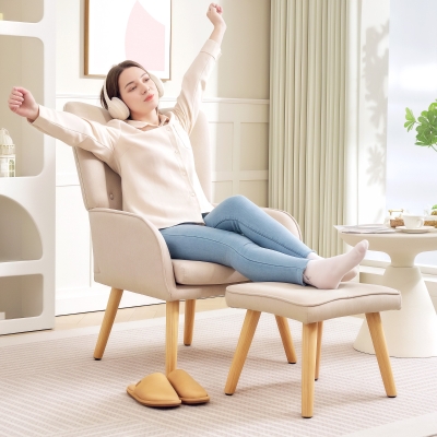HOMCOM Sillón con Reposapiés Sillón Lectura con Respaldo Alto Capitoné Patas de Madera y Tapizado en Lino Beige