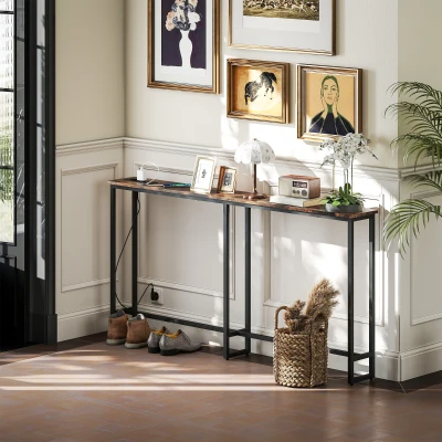 HOMCOM Mesa de Consola Estreita Consola com Estação de Carga Estrutura de Aço Estilo Industrial para  160x20x80 cm Marrom Rústico