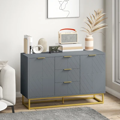 HOMCOM Sideboard 3 Drawers Adjustable Shelves Grey