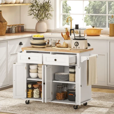 HOMCOM Küchenschrank, Servierwagen, Kücheninsel mit Rollen, Küchenwagen, Küchenregal mit Schublade und verstellbares Regal, Gummiholz, MDF, Spanplatte, Weiß, 111 x 44,5 x 82,5 cm