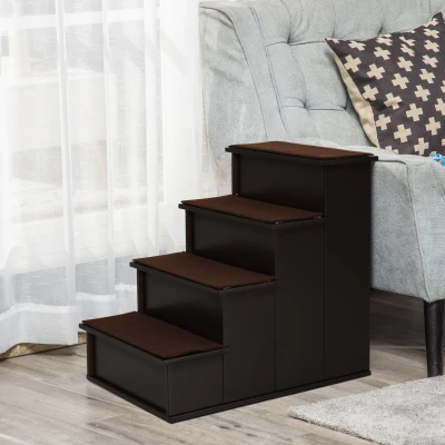 PawHut 4-Step Wooden Pet Stair Pet Steps with Soft Short Plush Cushions Dark Coffee