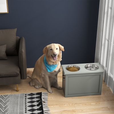 PawHut Comedero Elevado para Perros Grandes con 2 Cuencos de 2000ml y Almacenamiento Oculto 60x30x41 cm Gris