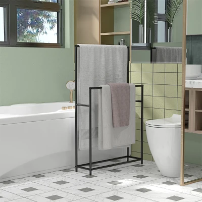 HOMCOM Portasciugamani Bagno 2 Bracci Autoportante Metallo Nero