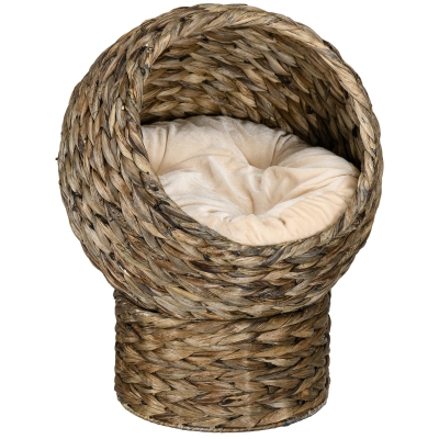 PawHut Woven Banana Leaf Elevated Cat Bed Wicker Kitten Basket Pet Den. House Cozy Cave with Soft Cushion Dome 42x33x52cm Dark Brown