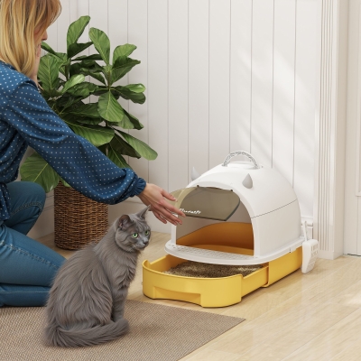 PawHut Arenero Cerrado para Gatos con Bandeja Extraíble Filtro de Carbono Pala y Asa Superior 40,5x52x39 cm Amarillo y Blanco