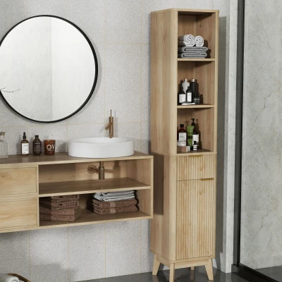HOMCOM Coluna de Casa de Banho Móvel de Casa de Banho Estreito com Porta Canaleda Gaveta 3 Compartimentos e Prateleiras Ajustáveis 33x30x170 cm Madeira