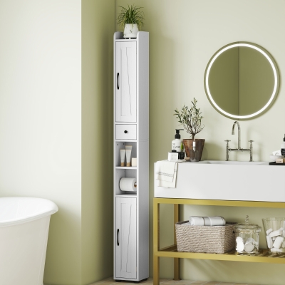 HOMCOM Columna de Baño con 2 Puertas Compartimento Abierto Estantes Ajustables y Portarrollos 20x20x185 cm Blanco