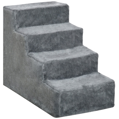 PawHut Hundetreppe 4-stufig, 35 cm Katzentreppe für Bett und Sofa, Haustiertreppe für Hunde und Katzen bis 5 kg, Plüschoptik, Hellgrau