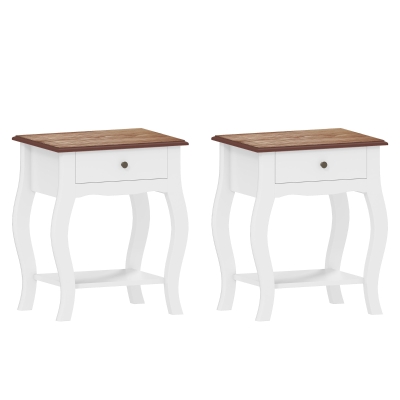 HOMCOM Pack de 2 Mesitas de Noche con Cajón Estante Abierto y Tapa Efecto Roble Estilo Francés 45x35x55 cm Blanco y Roble