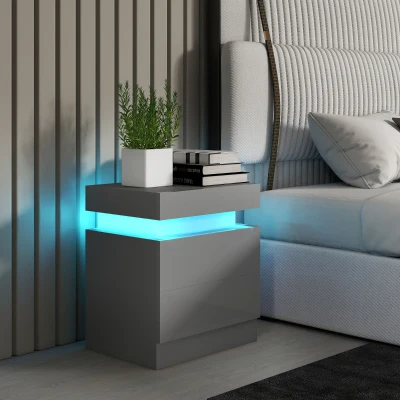 HOMCOM Mesa de Cabeceira com Luz LED Painel de Alto Brilho 2 Gavetas e Controlo Remoto para Dormitório 45x35x52 cm Cinzento