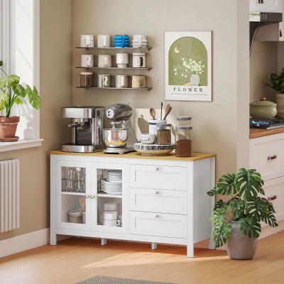 HOMCOM Aparador para Sala de Estar com 2 Portas de Vidro 3 Gavetas e Prateleira Ajustável para Cozinha Sala de Jantar 120x40x70 cm Branco e Madeira