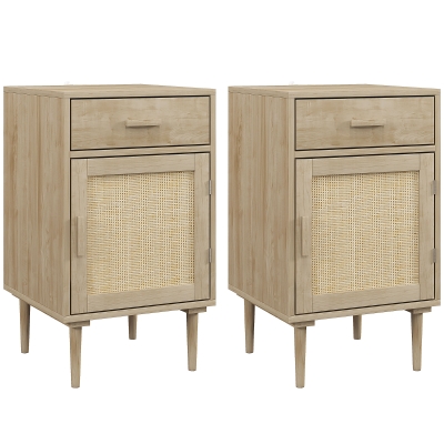 HOMCOM Rattan Bedside Tables Set of 2 with Drawer Natural