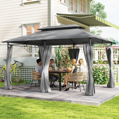 Outsunny Pérgola de Jardim 397x297x265 cm Pérgola de Exterior com Teto Duplo Paredes Laterais Resistente a Água Cinza Escuro