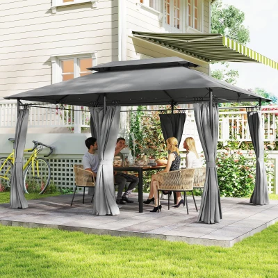 Outsunny Cenador de Jardín de 4x3 m con Doble Techo Paredes Laterales Resistente al Agua para Exterior Terraza Gris Oscuro