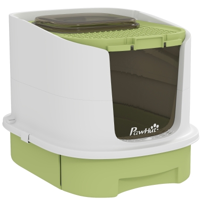 PawHut Arenero Cerrado para Gatos con Entrada Frontal Salida Superior Bandeja Extraíble y Pala 40,5×52,5×42,5 cm Blanco y Verde