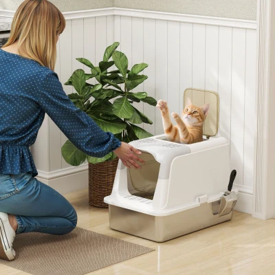PawHut Caja de Arena para Gatos Cerrada con 2 Entradas Desodorante y Pala 60,4x40,4x41,8 cm Blanco y Gris