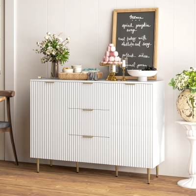 HOMCOM Buffet mueble cocina almacenaje con 3 cajones estantes ajustables armarios con puertas acanaladas 120x40x90 cm Blanco