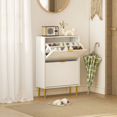 HOMCOM Zapatero Estrecho con 2 Puertas Acanaladas con Estantes Ajustables para 12 Pares de Zapatos 60x24x91,5 cm Blanco