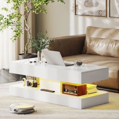 HOMCOM Mesa de Centro con Cajones y Luces LED Mesa Auxiliar Moderna con Estante Abierto Mesa de Centro Tablero de Partículas Blanco