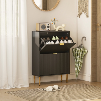 HOMCOM Narrow Shoe Cabinet 2 Flip Drawers Black