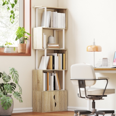 HOMCOM Biblioteca de 5 niveles mueble de almacenamiento con estantes y armario de doble puerta 60x23,8x179,2 cm madera natural