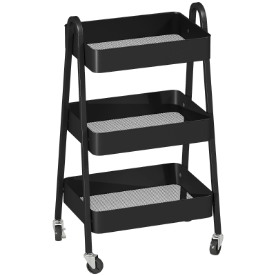 HOMCOM 3-Tier Storage Trolley Black on Wheels