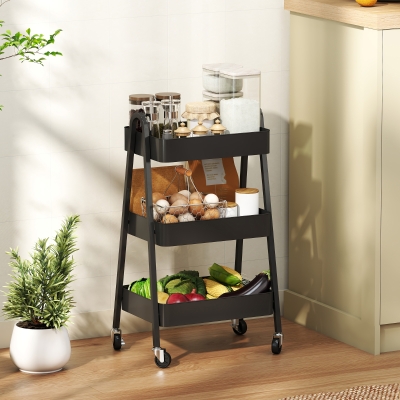 HOMCOM 3-Tier Storage Trolley Black on Wheels