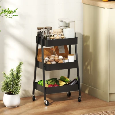 HOMCOM 3-Tier Storage Trolley Black on Wheels