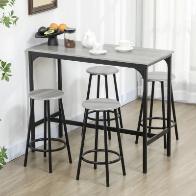 HOMCOM Bargarnitur, 5-teilig, Tisch & 4 Hocker, Industrie-Design, kompakt, rustikal