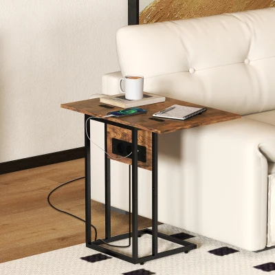 HOMCOM Ausziehbarer C-Couchtisch mit 2 Ladestationen, aus Holz und Metall, 39x29x57 cm, Schwarz und Braun