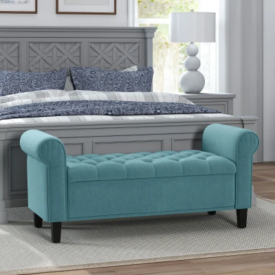 HOMCOM Banc de rangement bout de lit avec accoudoirs, tissu velours rembourré et capitonné, 126 x 48,5 x 57 cm, vert