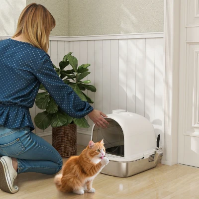 PawHut Katzentoilette geschlossenes Edelstahlkatzentoilette, einfache Reinigung, 52,4 x 41,3 x 39,9 cm, weiß