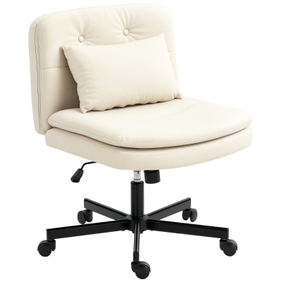 HOMCOM Armloze Bureaustoel met Kunstleer Bekleding, Bureaustoel met Wielen, Extra Kussen, Verstelbaar, Rolstoel, Beige