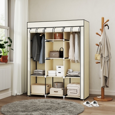 HOMCOM Roupeiro de Tecido Dobrável com 8 Prateleiras de Armazenamento e 2 Barras de Pendurar 125x43x162,5cm Creme