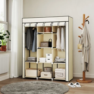 HOMCOM Roupeiro de Tecido Dobrável com 8 Prateleiras de Armazenamento e 2 Barras de Pendurar 125x43x162,5cm Creme