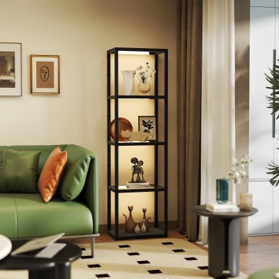 HOMCOM Lámpara de pie LED con estante de 4 capas estante de luz con 4 estantes de vidrio interruptor de pie MDF Negro