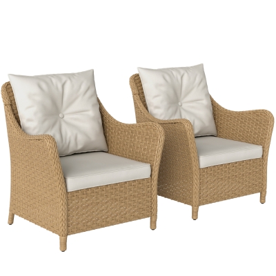 Outsunny Rattan Garden Chairs Set of 2 with Cushions Beige