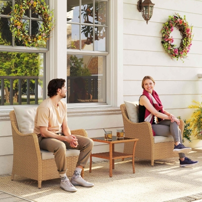 Outsunny Rattan Garden Chairs Set of 2 with Cushions Beige