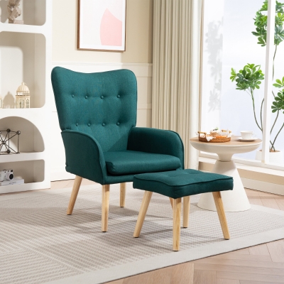 HOMCOM Poltrona com Apoio para Pés Poltrona de Leitura com Capitonê Pés de Madeira e Revestimento em Linho 70x72x94 cm Verde Escuro