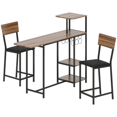 HOMCOM Conjunto de Mesa e Bancos de Bar Mesa Alta de Cozinha com 2 Bancos Laterais Rebatíveis Suporte para Vinhos e Prateleiras Castanho e Preto