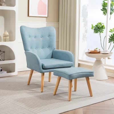 HOMCOM Poltrona com Apoio para Pés Poltrona de Leitura com Capitonê Pés de Madeira e Revestimento em Linho 70x72x94 cm Azul Claro