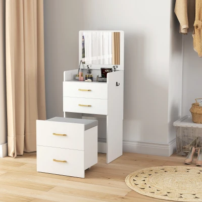 HOMCOM Coiffeuse 3 Tiroirs avec Miroir et Tabouret Blanc